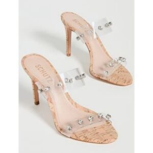 Schutz Ariella Crystal Band Cork Heel Sandal Transparte Size 6 Neiman Marcus
